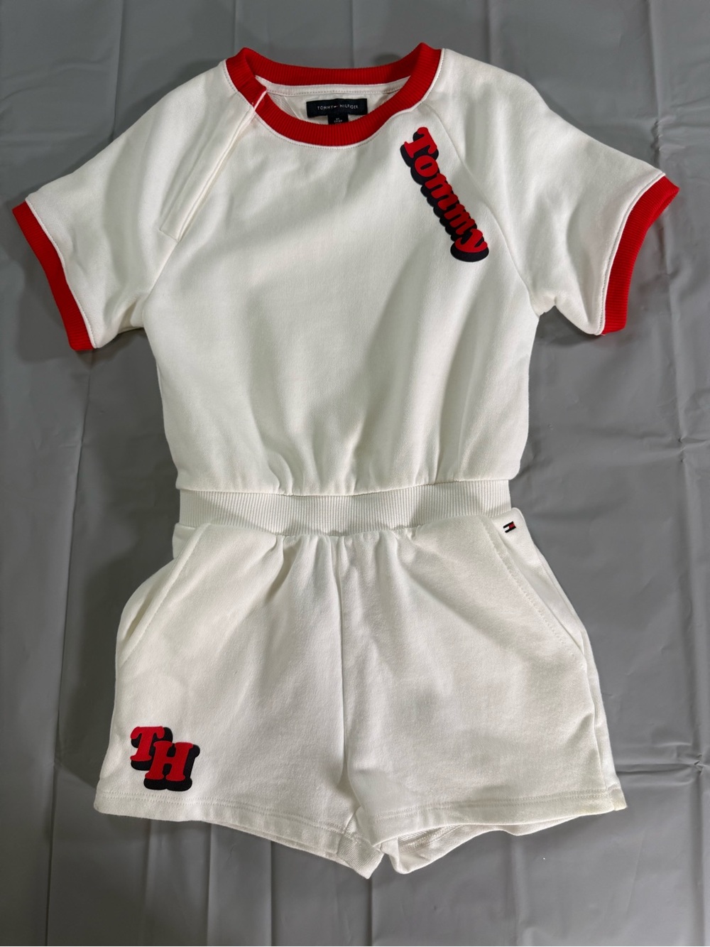 Girl’s Tommy Hilfiger White Short Sleeve Logo Romper with Red Trim Size 4-5 XS